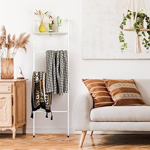 Blanket Ladder with Shelf Farmhouse Towel Rack Holder for Bathroom, White - Image 4