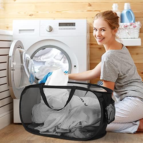 Durable Collapsible Laundry Baskets, Mesh Pop Up Laundry Hamper with Side Pocket, Foldable Clothes Storage Hamper with Reinforced Carry Handles for Laundry, Bathroom, Kids Room, Dorm or Travel Black - Image 2