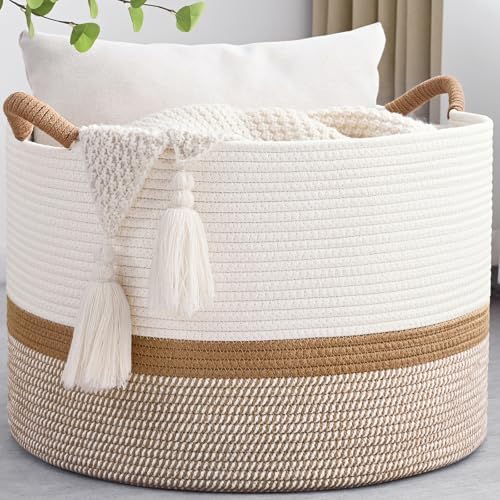 67L Large Blanket Basket, 20"x13" Woven Storage Baskets With Handle, Cotton Rope Blanket Basket Living Room, Baby Laundry hamper for Blanket, Nursery, Toy, Pillow (White & Brown) by Degeyoyo
