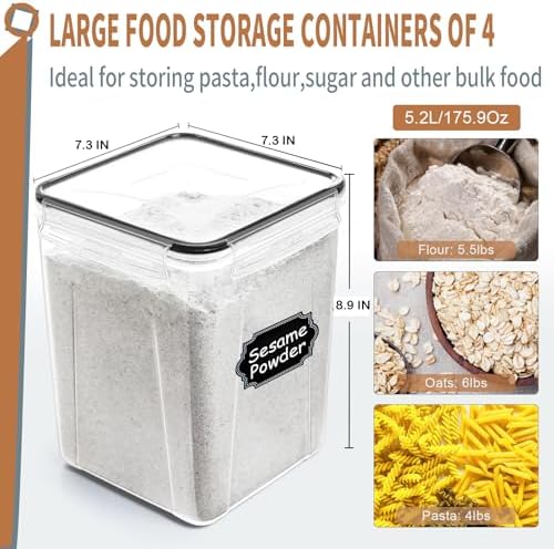 PRAKI Large Airtight Food Storage Containers 5.2L / 195oz, 4pcs Pantry Kitchen Organizers and Storage for Flour, Sugar, Baking Supplies, BPA Free, Plastic Flour Containers with 20 Labels & Maker - Image 2