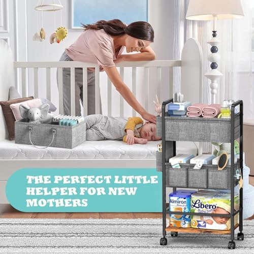 LIDTOP 2In1 Baby Diaper Caddy & 4-Tier Rolling Diaper Cart, Diaper Caddy Organizer Cart with Dividers & Drawer, Mobile Metal Bedside Cart for Nursery Essentials Storage, Large Capacity - Image 4