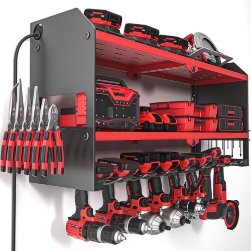 YYR Power Tool Organizer with Charging Station Wall Mount, Cordless Drill and Battery Holder for Garage Organization, Electric Tools Storage Rack Build in Surge Protection Power Strip - Red Shelf by YYR