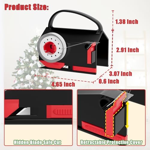 2-Pack Wrapping Paper Cutter & Tape Dispenser for Christmas Gift, Improve Gift Packaging Efficiency, Makes the Cutting line straighter, Cutting Tool with 4 Tapes，2 Replace Blades Kit, Red and Black - Image 4