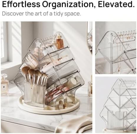 Rotating Makeup Organizer for Countertop, Large Clear Acrylic Cosmetic Caddy with Carry Handle & Necklace Hooks, 10 Tilted Compartments and 2 Brush Holders for Lipsticks, Skincare - Image 4