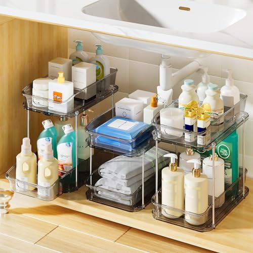 Delamu 2-Tier Under Sink Organizers and Storage, Multi-Purpose Stackable Bathroom Cabinet organizers, Pull Out Kitchen Pantry Organization and Storage with Dividers(3 Pack, Grey) by DELAMU