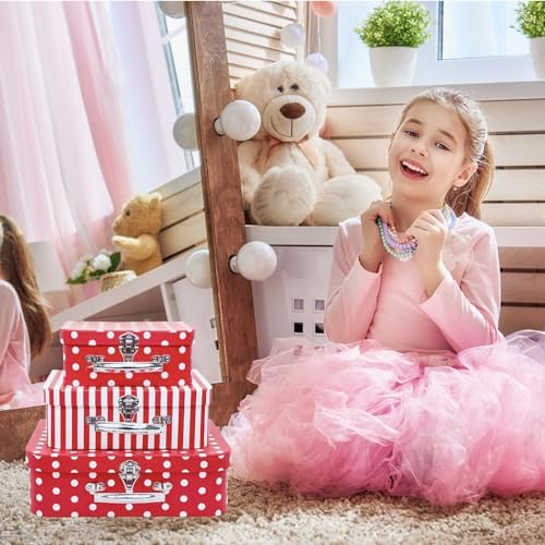 Paperboard Suitcases Set of 3 Decorative Storage Boxes With Lids, Red Gift Boxes With Lids, Nesting Gift Boxes for Disney Toys Barbie Doll Kids, Christmas or New Year Decoration - Image 5