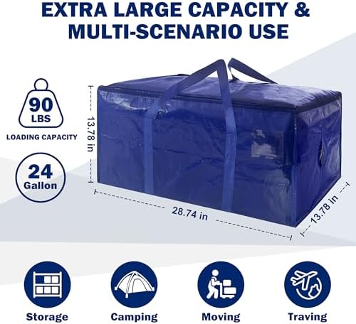 4 Pack Extra Heavy Duty Large Moving Bags with Strong Zipper & Carrying Handles, Sturdy Clothes Storage Bags Totes Bins, Packing Moving Boxes College Supplies, Dark Blue - 24 gal - Image 2