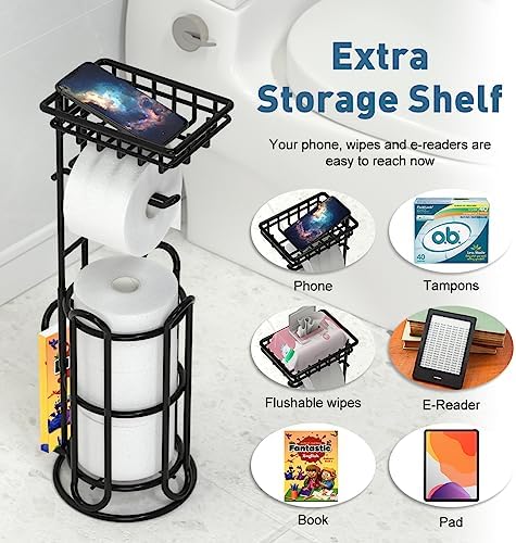 [Upgrade] Toilet Paper Holder Stand with Shelf Tissue Holders for Bathroom Free Standing Bath Tissue Roll Holder Magazine Rack for Mega Rolls/Phone/Wipe-Black - Image 3