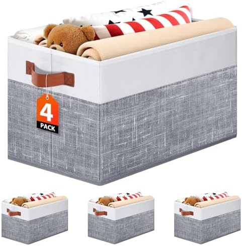 Fab totes Collapsible Storage Baskets for Shelves,14"x10", 4 Pack Foldable Fabric Storage Bins with Double Leather Handles, Large Baskets for Organizing Books, Clothes, White & Grey by Fabtotes
