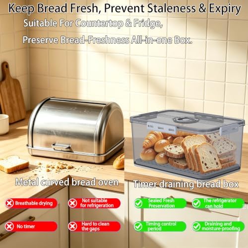 Large Bread Box with Lid ,Time Recording Airtight Bread Container Grey - Image 3