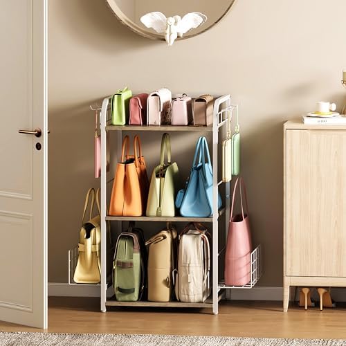 White Purse Organizer, 3-Tier Floor Standing Bag Rack Stand Featuring Side Hooks and Baskets, Adjustable Feets, High Capacity Metal & Wood Handbag Holder Design for Closet Storage, Patent Pending - Image 7