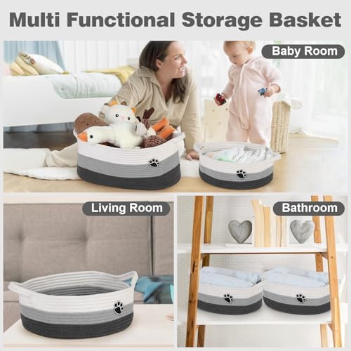 Optish Dog Toy Basket, Toy Box and Bin for Dog Cat Storage, 13.5" X 11" X 5" Small Woven Rope Basket for Baby Storage, Closet, Living Room, White & Grey - Image 6