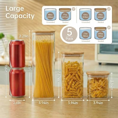 HomArtist Square Glass Jars with Bamboo Lids [Muti Size Set of 5], Glass Canisters with Airtight Lids, Glass Food Storage Containers for Pasta, Cereal, Flour, Sugar, Best for Kitchen & Pantry - Image 3