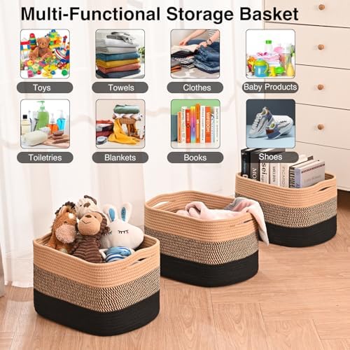 ICERZCZ Storage Baskets for Organizing Shelves, Decorative Baskets for Storage, Woven Cotton Rope Basket for Living Room Bedroom Nursery, 15"x11"x9.5", 3 Packs, Gradient Black & Jute - Image 4