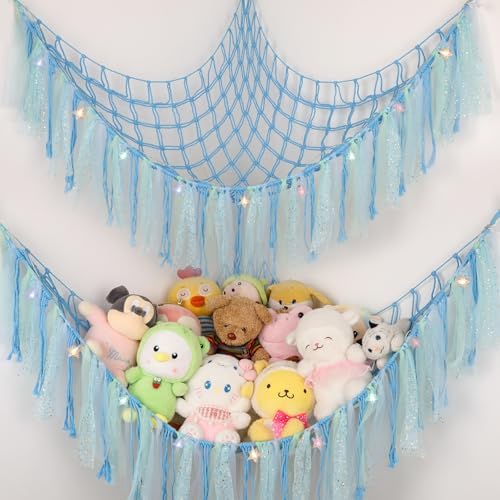 Stuffed Animal Hammock with LED Lights - 59 Inch Large Toy Storage Net for Kids Bedroom, Wall-Mounted Plush Organizer with Wooden Rings, Nursery Decor (Handwoven, Blue) by yelienm