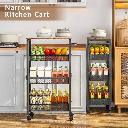 Slim Storage Cart with Wheels,9.1-inch 4 Tier Narrow Storage Cart with Wheels, Metal Kitchen Bathroom Laundry Organizer Shelf with Wood Top and Handle, Black - Image 6
