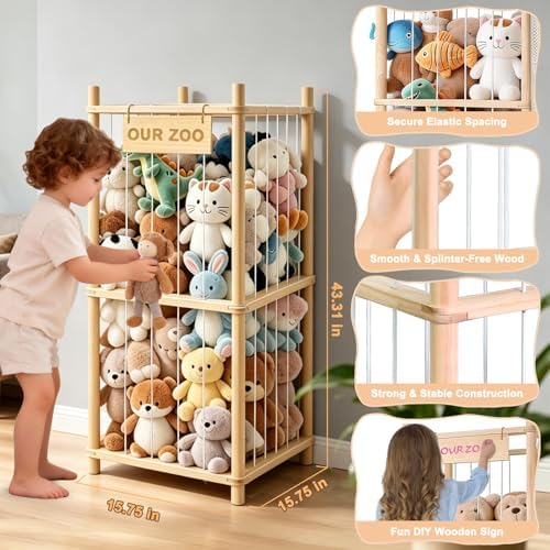 Stuffed Animal Storage, Wood Stuffed Animal Zoo Storage with Brake Wheels, Space Save Toy Organizer, Large Capacity Stuffed Animal Holder, Perfect for Nursery Playroom Kidroom Bedroom-43 Inch - Image 6