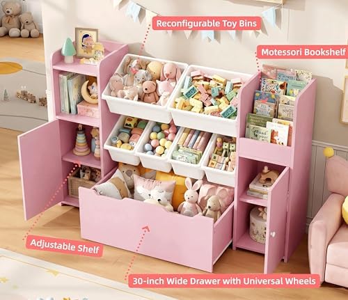 55'' Toy Storage Organizer & Kids Bookshelf with Large Wood Toy Chest, Pink - Image 2
