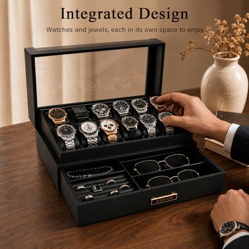KAMIER High End Watch Box for Men, 12 Slot Wooden Watch Case With Drawer - Image 5