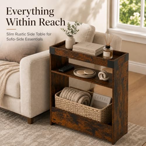 Narrow Side Table, 8" Slim End Table with Tray Top, Rustic Brown - Image 4