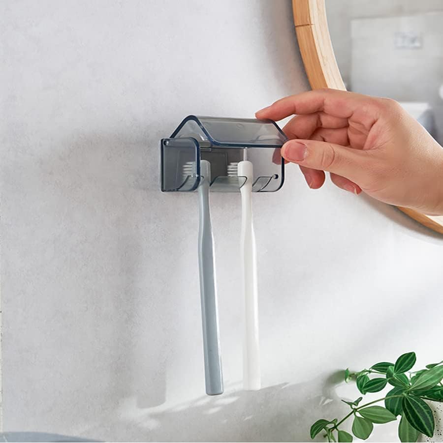 2 PCS Toothbrush Holder Wall Mounted with Cover for Bathroom, 2 Slots Toothbrush Storage Organizer for Shower, Self Adhesive Toothbrush Hanger Rack for Dorm, Cabinet (Grey) - Image 6