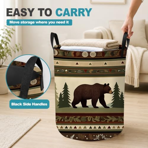Laundry Hamper,Rustic Bear Forest Collapsible Laundry Basket with Handles,Lodge Cabin Waterproof Oxford Cloth Clothes Organizer for Bedroom Bathroom Dorm Nursery,16 x 20 Inch - Image 5