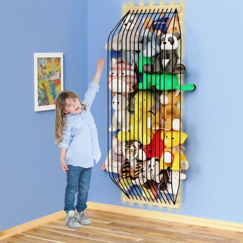 Stuffed Animal Storage Wood Soft Toy Storage for Kids Room，Wall Mount Door Hanging Stuffed Animal Toy Organizer Shelf for Nursery Play Room White with LED Coil -Patent by VOMELON