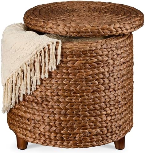Best Choice Products 17" Round Storage Ottoman W/Lid, Handwoven Water Hyacinth Footstool, Footrest w/Wooden Legs, Accent Side Table, Storage Container, Plant Stand - Chestnut by BestChoiceProducts