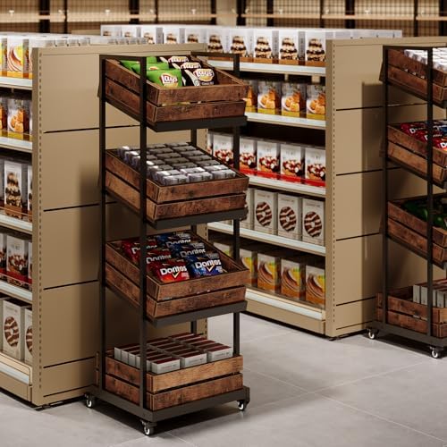 LITTLE TREE 4-Tier Basket Stand with Locked Wheels, Mobile Fruit and Vegetable Storage, Floor Stand Rack, Utility Shelf, for Kitchen, Living Room, Pantry (Rustic Brown, 2) - Image 5