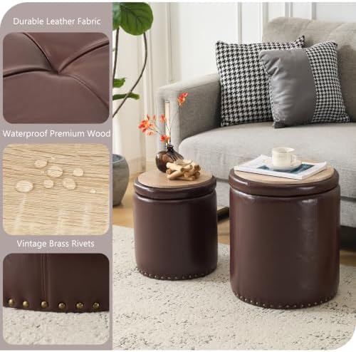 Royal Windsor Round Ottoman with Storage Set of 2, Faux Leather Button Tufted Vanity Stool, Storage Ottoman Coffee Table, Small Leather Foot Rest Stool for Living Room, Bedroom, Coffee - Image 6