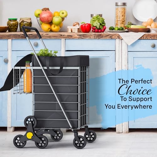 Our Modern Space Stairs Climbing Shopping Cart w/Waterproof Basket Liner & 360° Swivel Wheels | Foldable Collapsible & Lightweight | Perfect for Groceries Laundry Utility Cart - Silver - Image 5