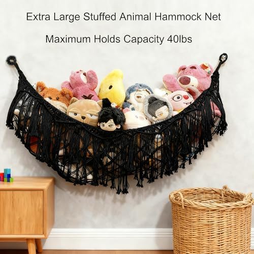 Stuffed Animal Hammock or Net With LED Lights Extra Large Wall Hanging Stuffed Animal Storage Nets for Teddy Bear Handmade Macrame Hanging Toy Net Hammock for Stuffed Animal Storage (Black) - Image 6