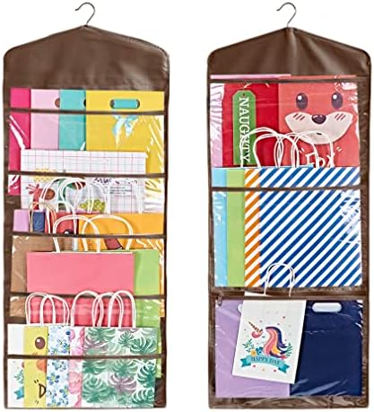 ProPik Hanging Double Sided Gift Bag Storage Organizer with Multiple Front and Back Pockets - Organize Your Gift Wrap, Tissue Paper, and Paper Bags 38 x 16 Inch PVC (Brown) by ProPik
