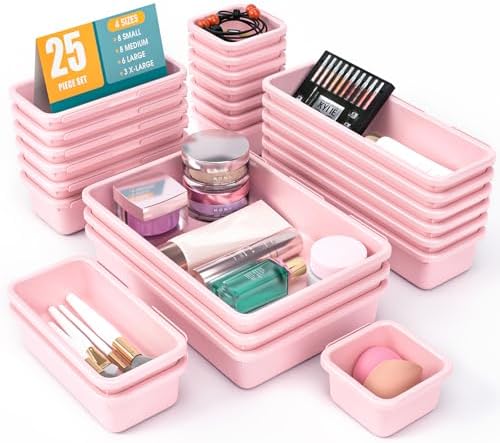 25 PCS Drawer Organizer Set, 4 Size Makeup Drawer Divider Organizer With Non-Slip Pads, Interlocking Plastic Storage Bins for Office,Jewelry Vanity,Gadgets, Bathroom,Kitchen, Pink by StoreHappily