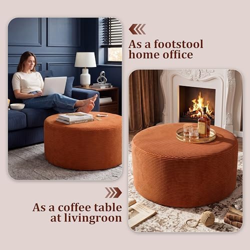 BSHOMGI Round Ottoman,Corduroy Ottomans Foot Stool, 27.5" Pouf Footstool Ottomans Seat, Round Footrest, Modern Side Table for Living Room Bedroom Home Decor No Assembly Require (Orange, 32") - Image 3