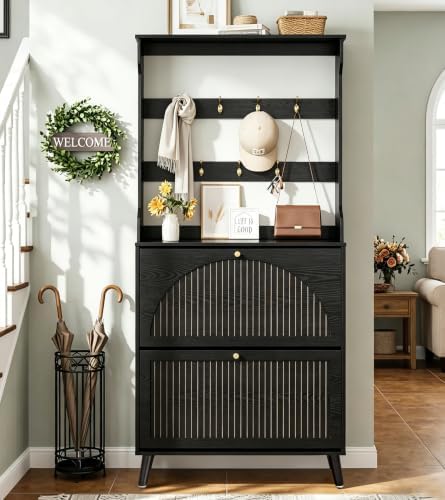 Fsbecl Shoe Storage Cabinet with 2 Fluted Flip Drawers & Coat Rack, Black by Fsbecl