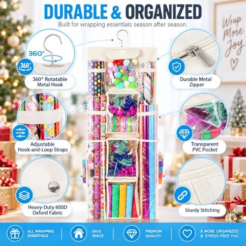Freegrace Hanging Gift Wrap Organizer - Wrapping Paper Storage Bag, 41 Inch - Image 3
