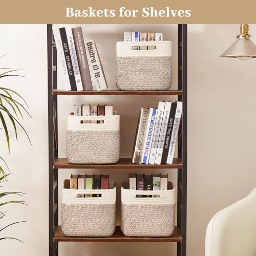 OIAHOMY 4 Pack Storage Basket, 13"x9"x7.8" Cotton Rope Baskets for Shelves, Closet Organizer for Bedroom & Living Room, Soft Decorative Bins for Organizing Towels, Books & Toys, Deep Brown & White - Image 6