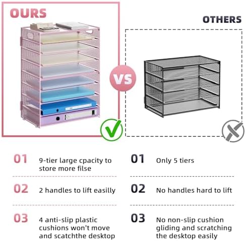 Marbrasse Paper Organizer Letter Tray, 9 Tier Mesh File Organizer with Handle, Paper Sorter Desk Organizer for Home Office Supplies - Pink - Image 2