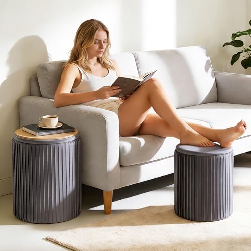 DUMOS Round Ottomans with Storage Set of 2, Vanity Stool, Foot Stool - Image 2