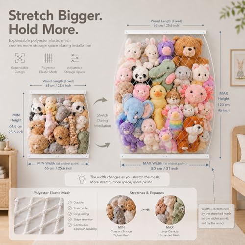 Stuffed Animal Storage Holder, Elastic Stuffed Animal Net,Door/ Wall Mount Length Adjustable Hanging Stuffed Animal Organizer, Plushie Net For Nursery Play Room-White Boards Patent - Image 3