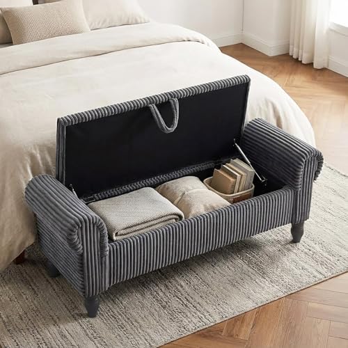55" Corduroy Storage Ottoman Bench, Queen Bed, Grey - Image 3