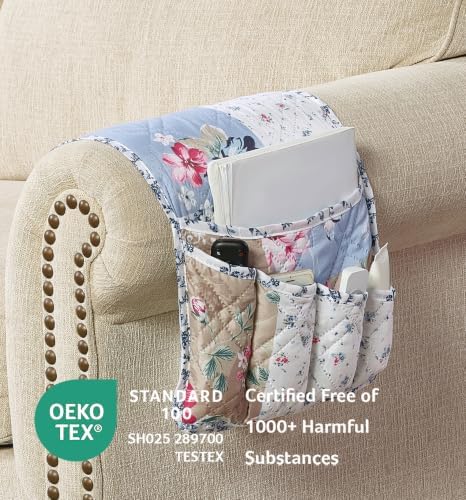 Brilliant Sunshine Blue Beige Rose Toile Couch Armrest Organizer, 35"×13" - Image 2
