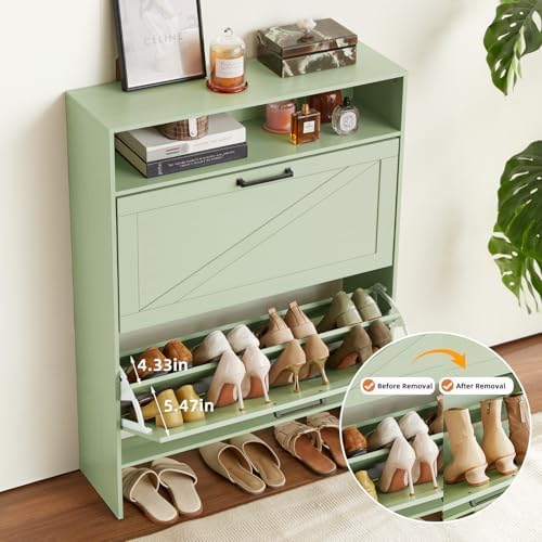 RWYHG Shoe Cabinet with 2 Flip Drawers, Narrow Entryway Organizer,Green - Image 5