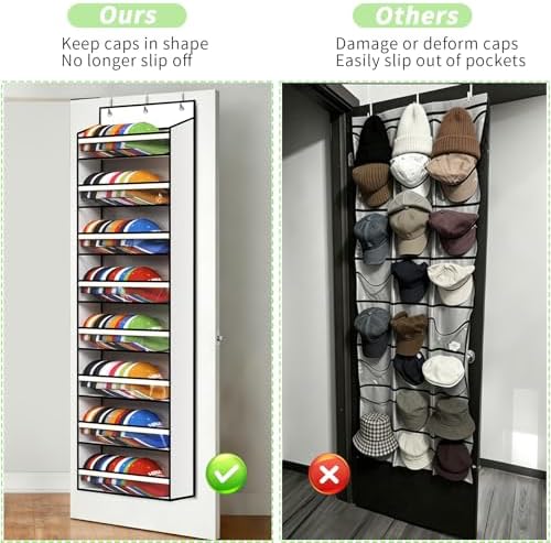 KEEPJOY 8-Tier Over the Door Hat Rack for Baseball Caps, Holds Up to 120 Caps Large Capacity Hanging Hat Storage Organizer with Clear Deep Pockets, Hat Holder for Nursery, Bedroom, Closet (White) - Image 3