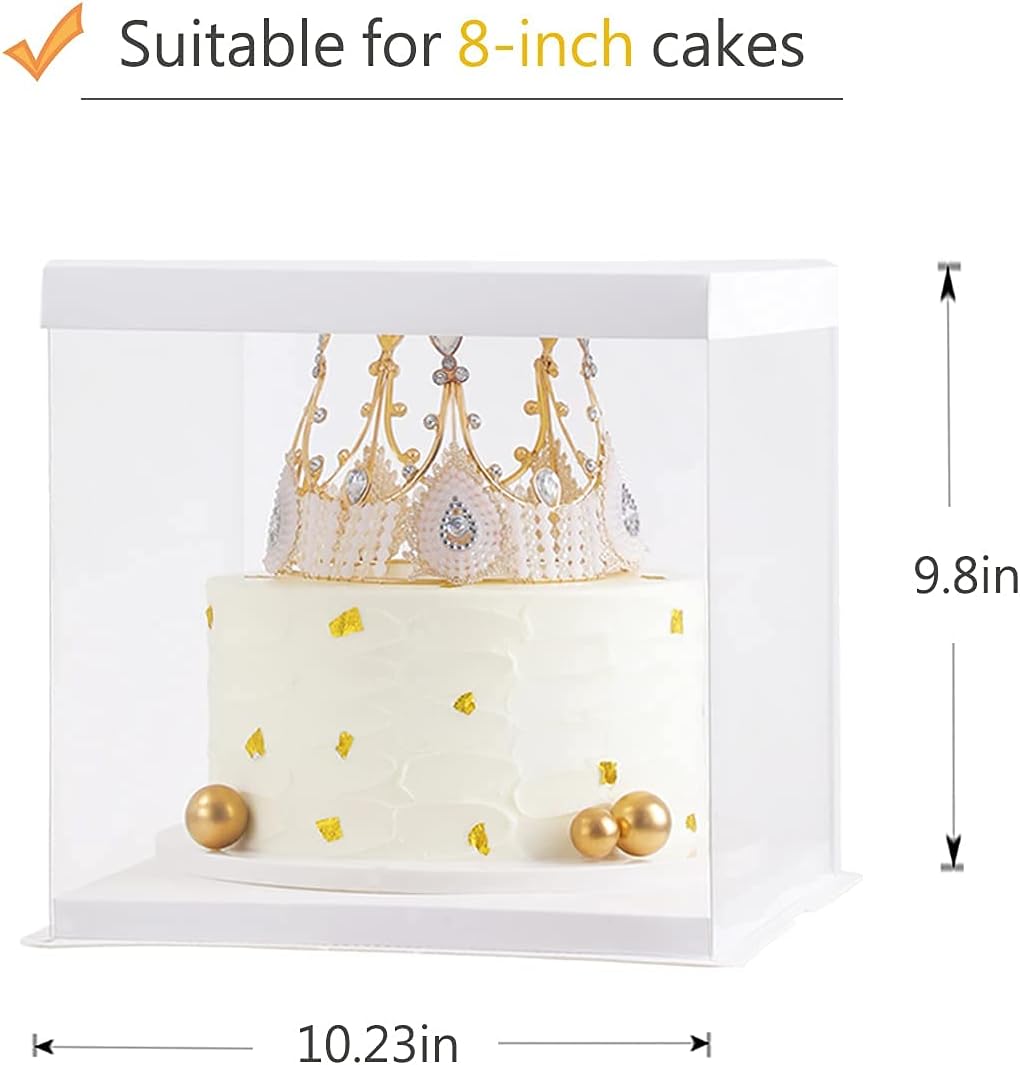 XININSUN 2Pcs Large Cake PET Clear Box, 10" X 10" X 9" with ribbon and pre-folded lid, for 8" cake packing carry, baking cookie display, Carry Tall Layer Gift, Festive Gift Box -White