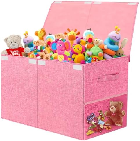 Large Toy Storage Box with Lid Upgraded Toy Chest Organizer with Removable PP Divider Foldable Toy Bin for Kids Boys Girls Linen Fabric Toy Box for Playroom Nursery Bedroom (25"x13"x16") by Fineonly