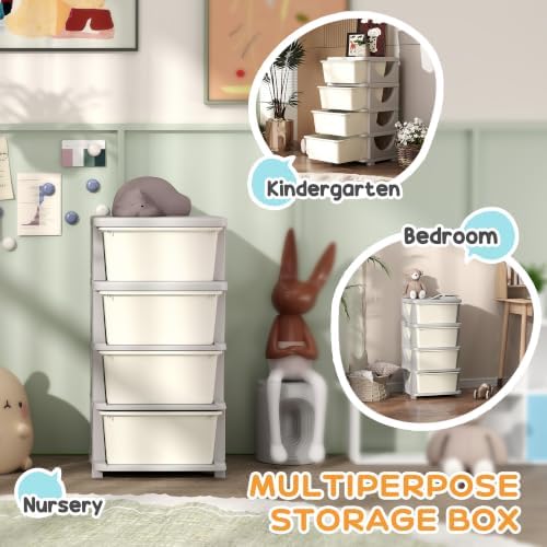 Qaba 4 Drawers Kids Storage Unit 4 Tier Toy Organizers Cream White - Image 6