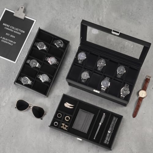 ProCase 3-Layer Watch Box with Glass Lid for Men, 24-Slot, Allblack - Image 4