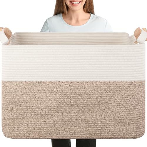 OIASKET 108L Cotton Rope Storage Basket for Living Room and Bedroom 25"x16"x16" Woven Laundry Basket, Heavy Duty Bin for Blankets, Pillows & Toys, Pet-Safe & Scratch-Free, Brown and White by OIASKET